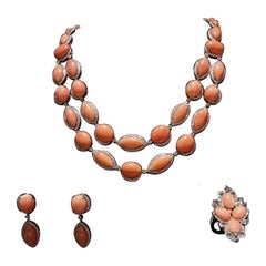 Natural Coral and Diamond Earring Necklace Ring Suite in 18K White Gold