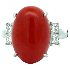 Natural Coral and Diamond Platinum Ring