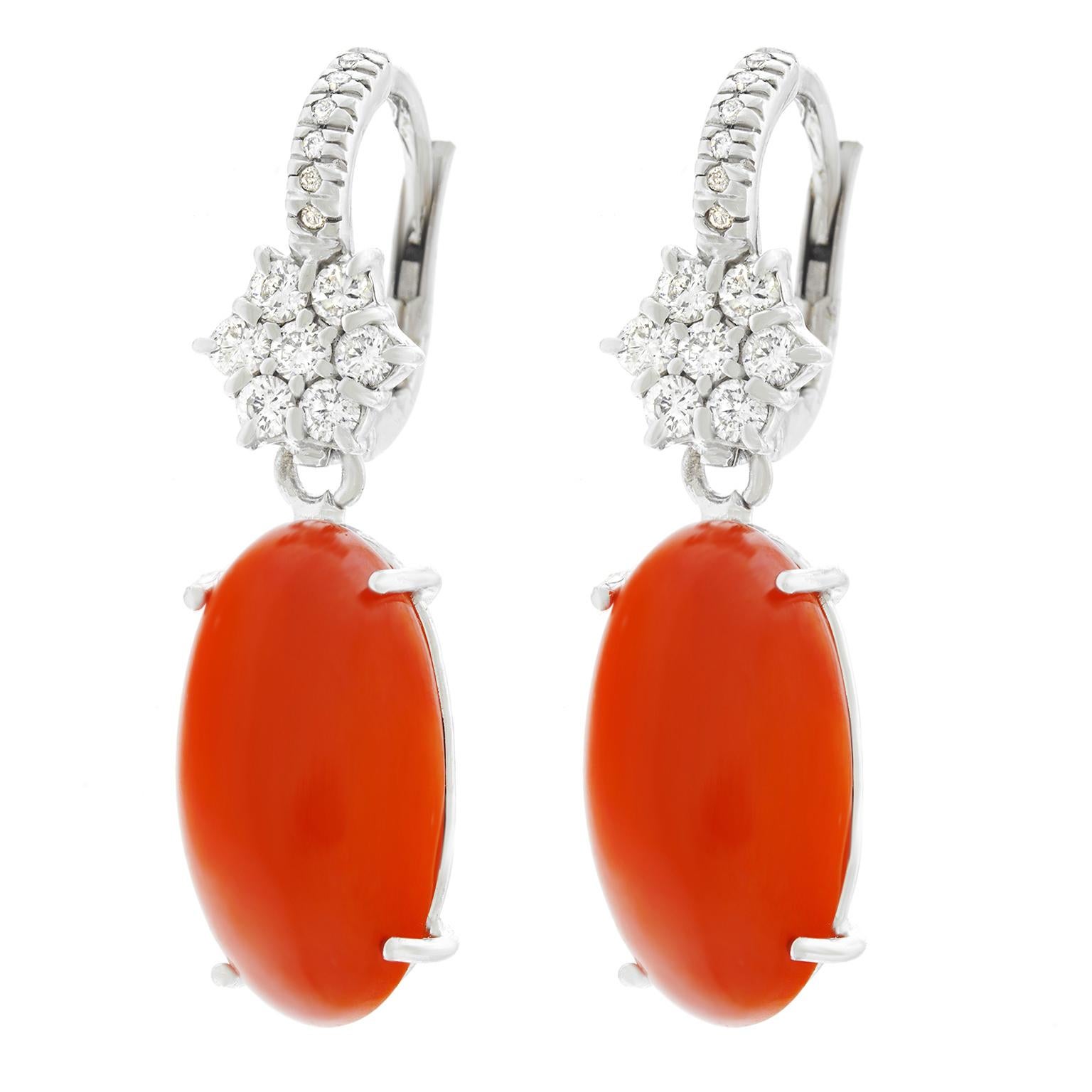 Natural Coral and Diamond Set Gold Earrings In Excellent Condition In Litchfield, CT