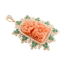 Natural coral and Emerald diamond pendant in 14k gold