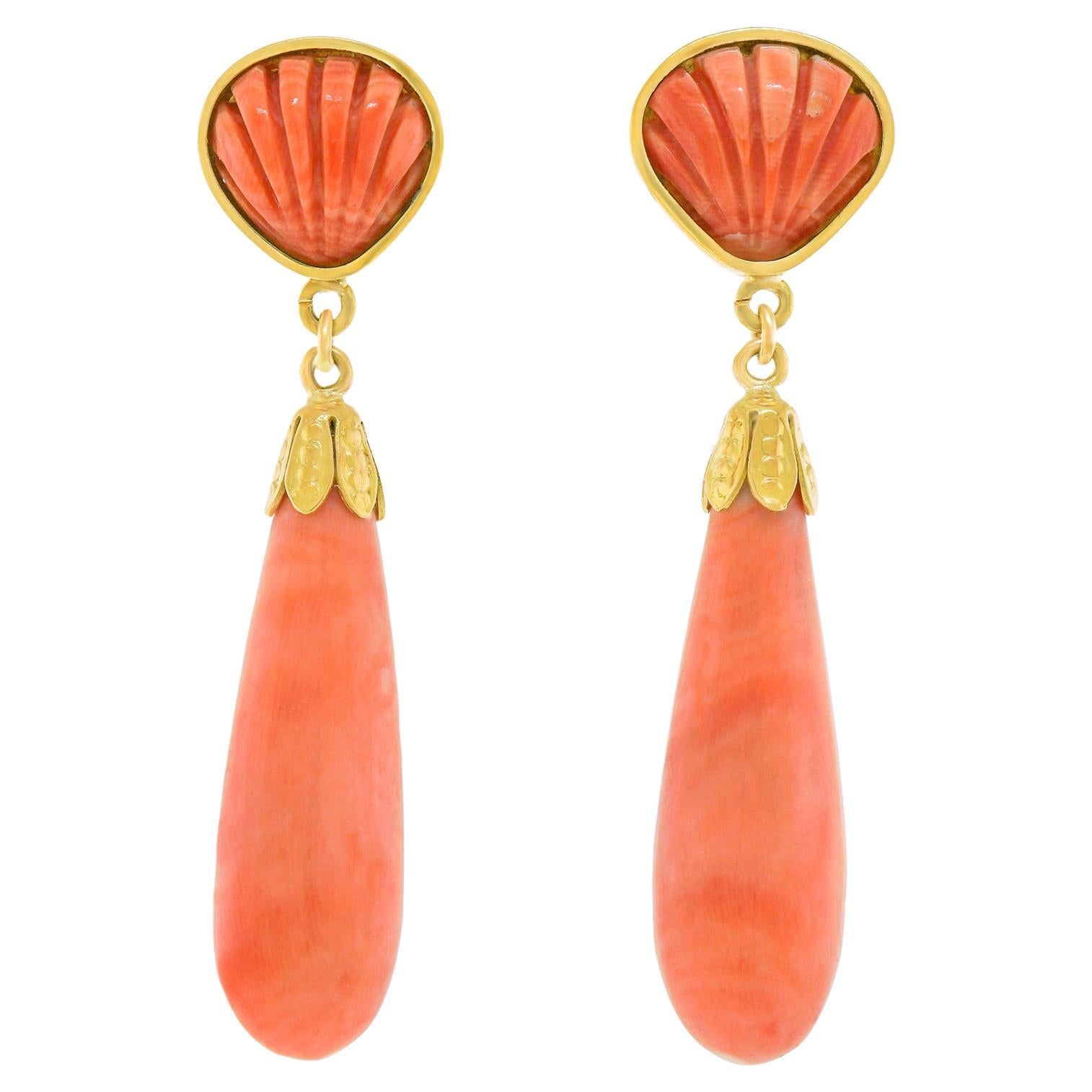 Natural Coral and Gold Chandelier Earrings