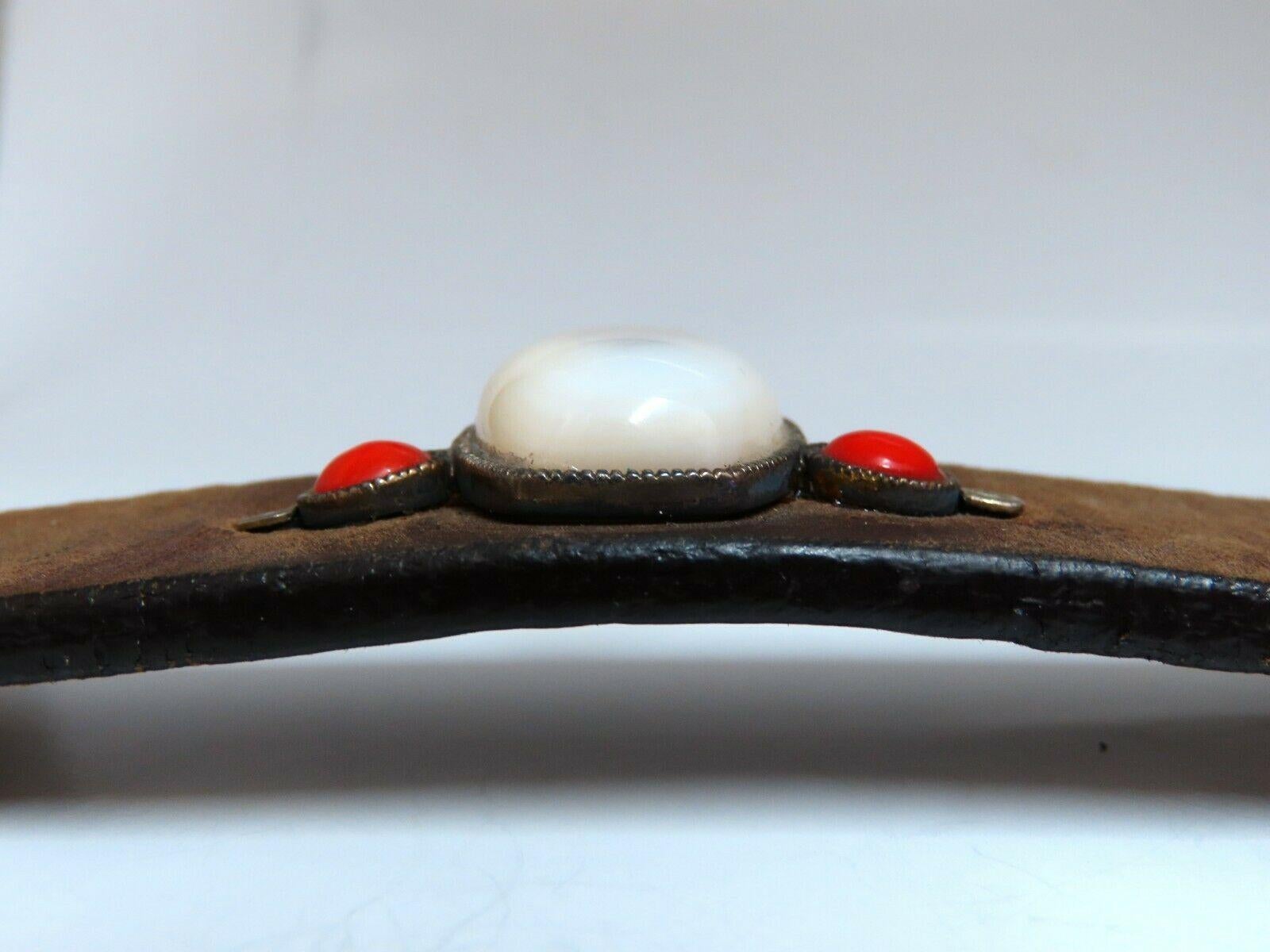 Women's or Men's Natural Coral and Moonstone Leather Cuff Bracelet Vintage