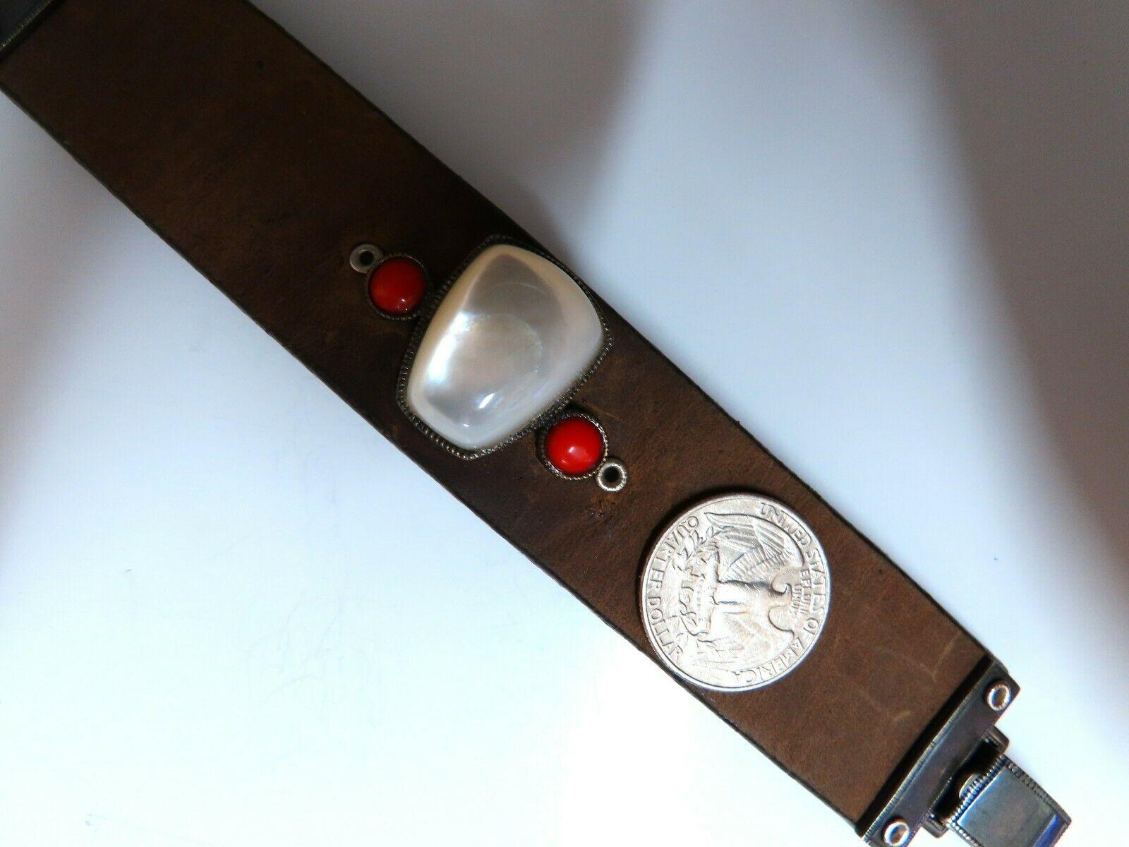 Natural Coral and Moonstone Leather Cuff Bracelet Vintage 1