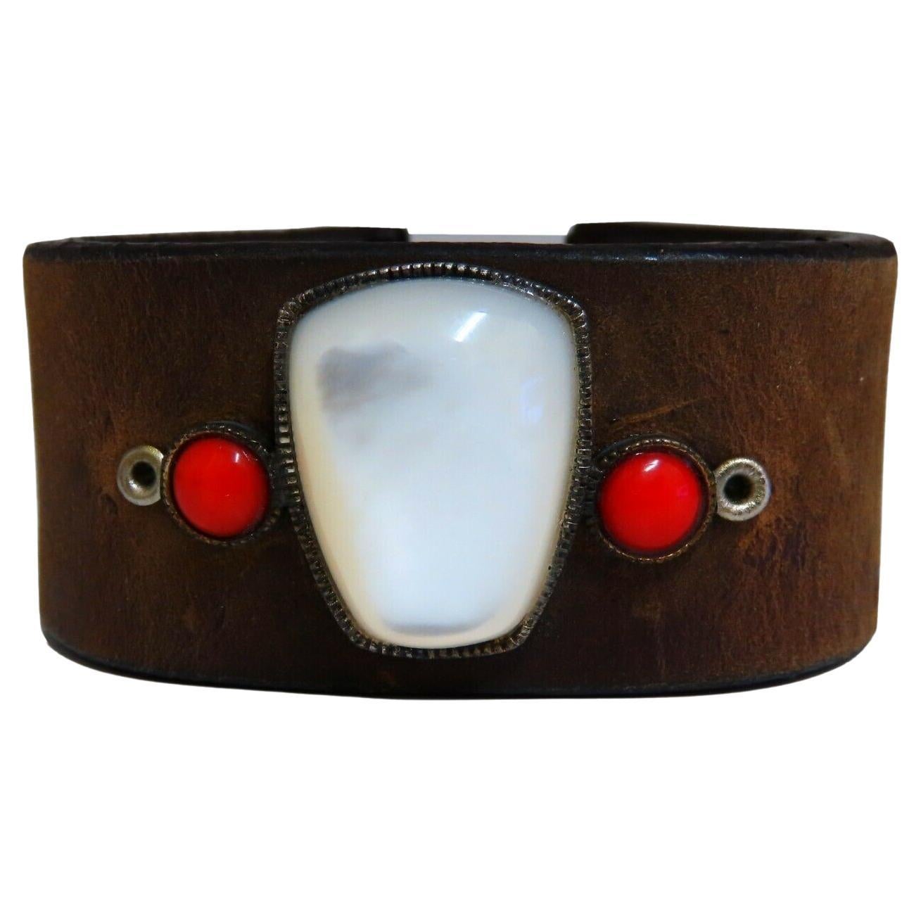 Natural Coral and Moonstone Leather Cuff Bracelet Vintage