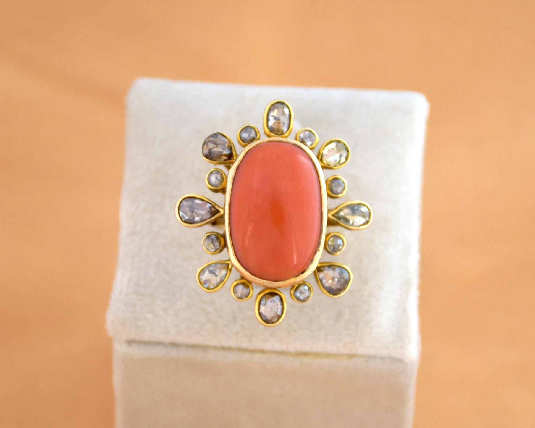 Natural Coral and Rose cut Diamond ring in 14K gold For Sale 5