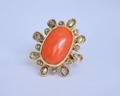 Natural Coral and Rose cut Diamond ring in 14K gold
