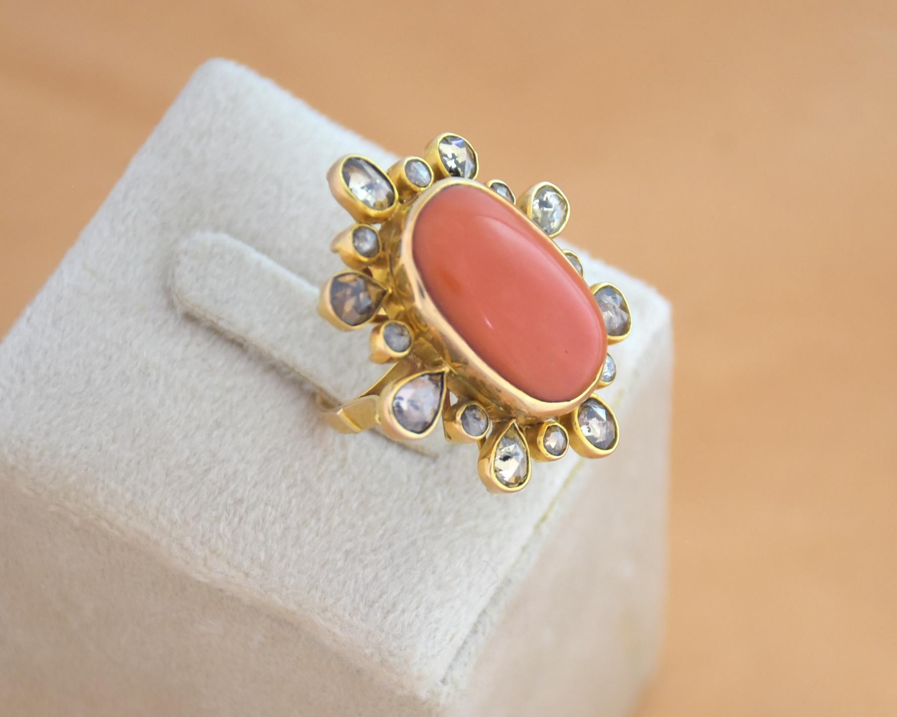 Oval Cut Natural Coral and Rose cut Diamond ring in 14K gold For Sale