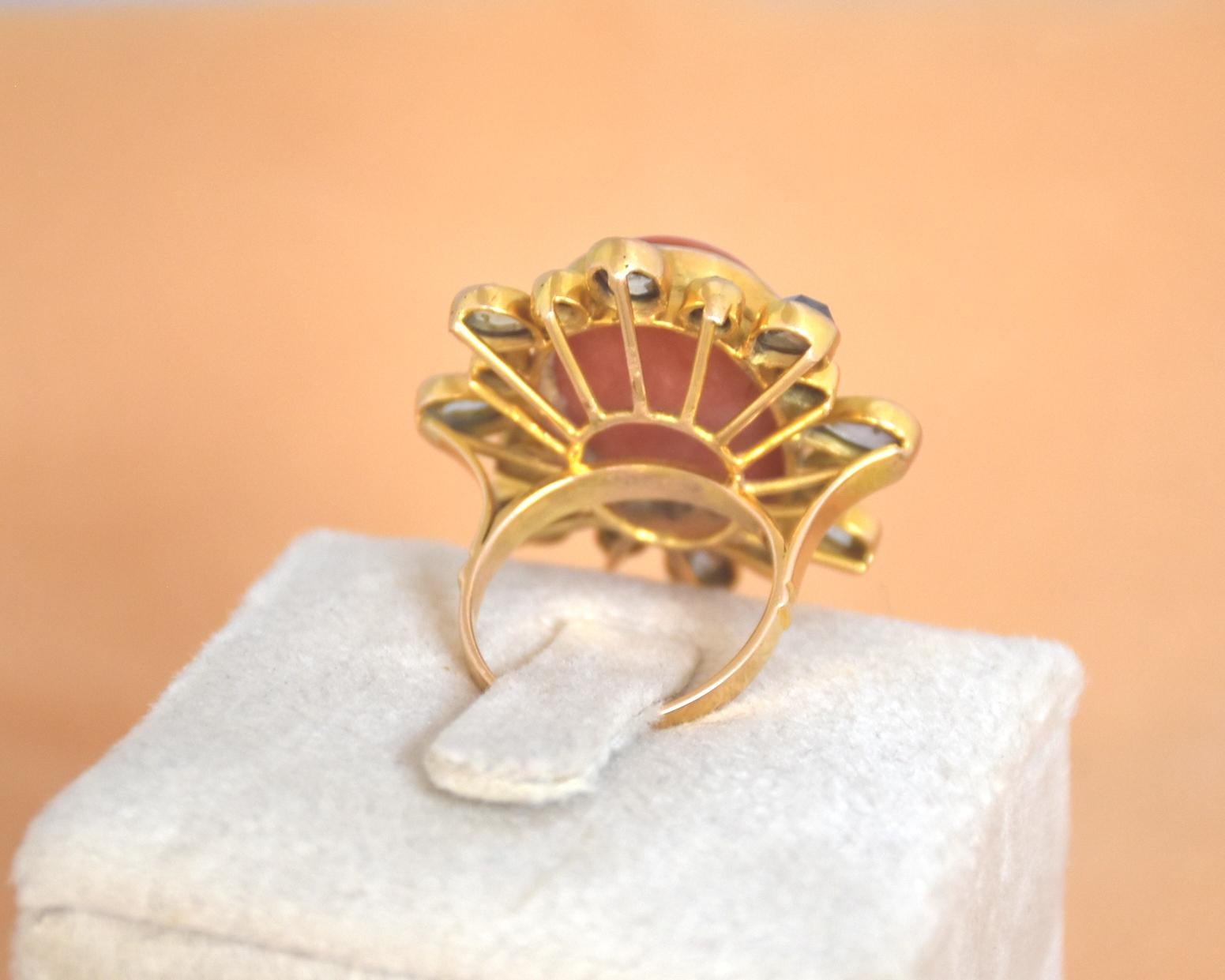 Women's Natural Coral and Rose cut Diamond ring in 14K gold For Sale