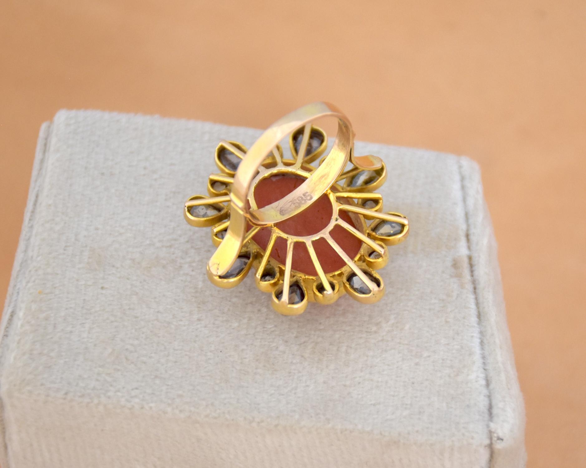 Natural Coral and Rose cut Diamond ring in 14K gold For Sale 1