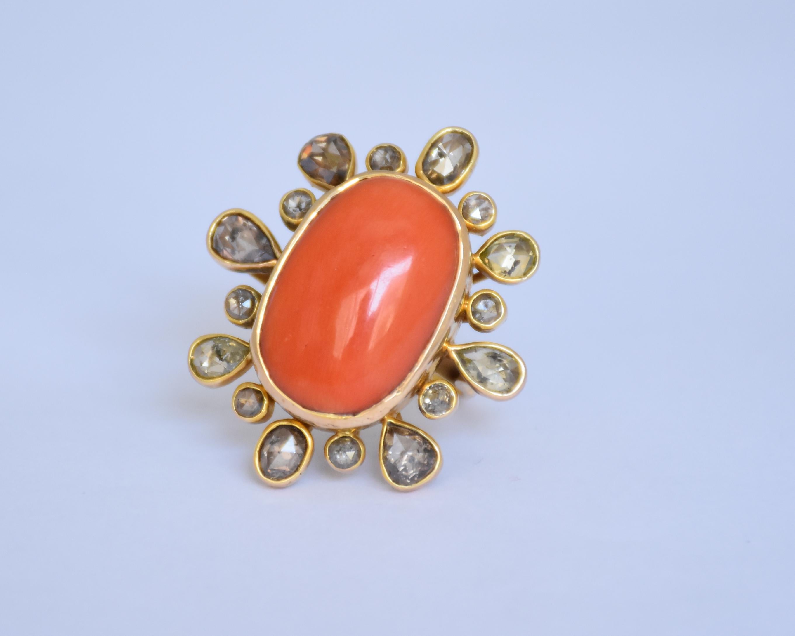 Natural Coral and Rose cut Diamond ring in 14K gold For Sale 2