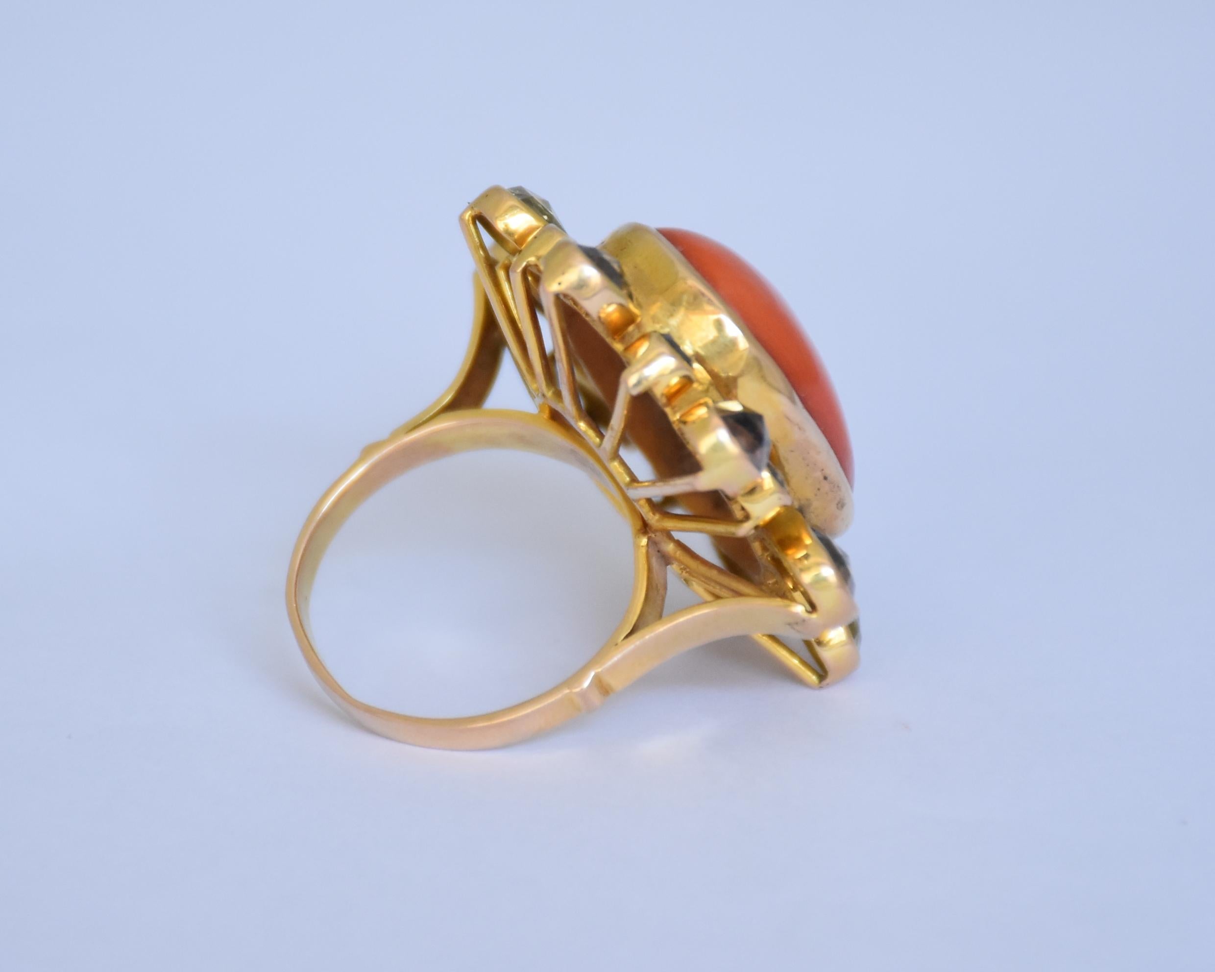 Natural Coral and Rose cut Diamond ring in 14K gold For Sale 3