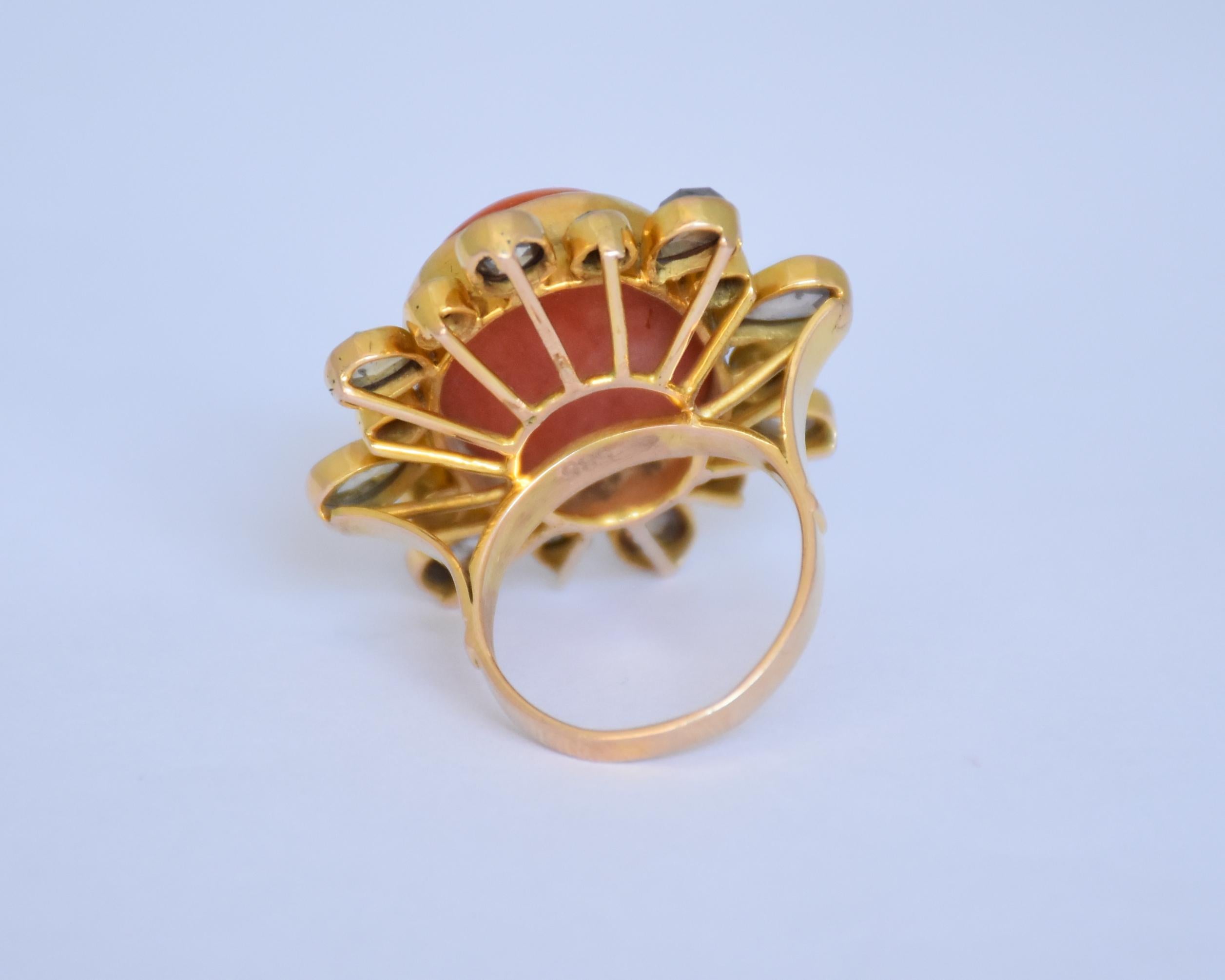 Natural Coral and Rose cut Diamond ring in 14K gold For Sale 4