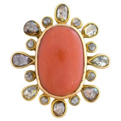 Natural Coral and Rose cut Diamond ring in 14K gold