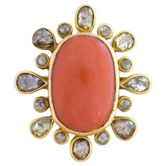 Anello con corallo naturale e diamanti taglio rosa in oro 14K