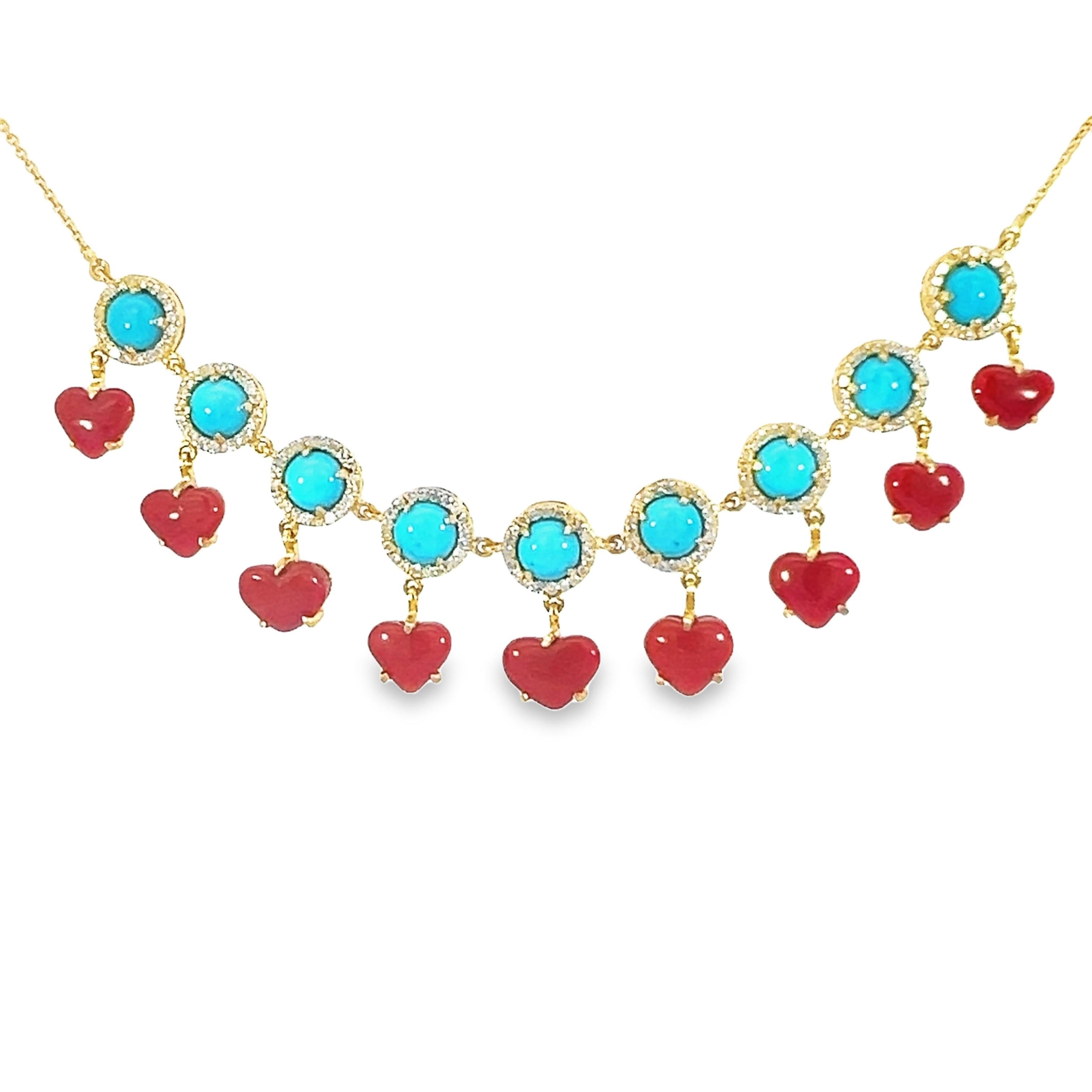 A magnificent 9.66-carat natural coral and 4.21-carat turquoise necklace set in 18-karat yellow gold with 0.75-carat diamonds. The necklace is featured with coral hearts. round turquoise gems and  that are surrounded with diamonds. The necklace is
