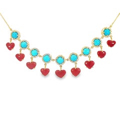 Natural Coral and turquoise necklace with diamond with 18Kt gold