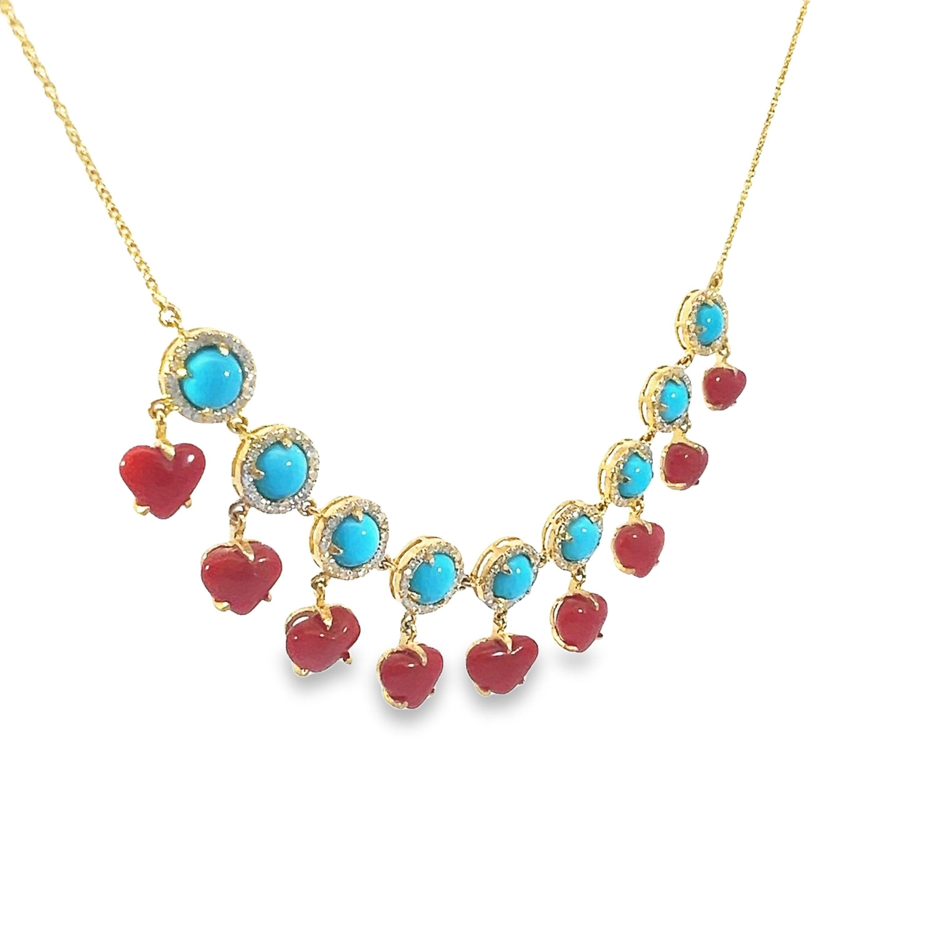 Mixed Cut Natural Coral and turquoise necklace with diamond with 18Kt gold For Sale