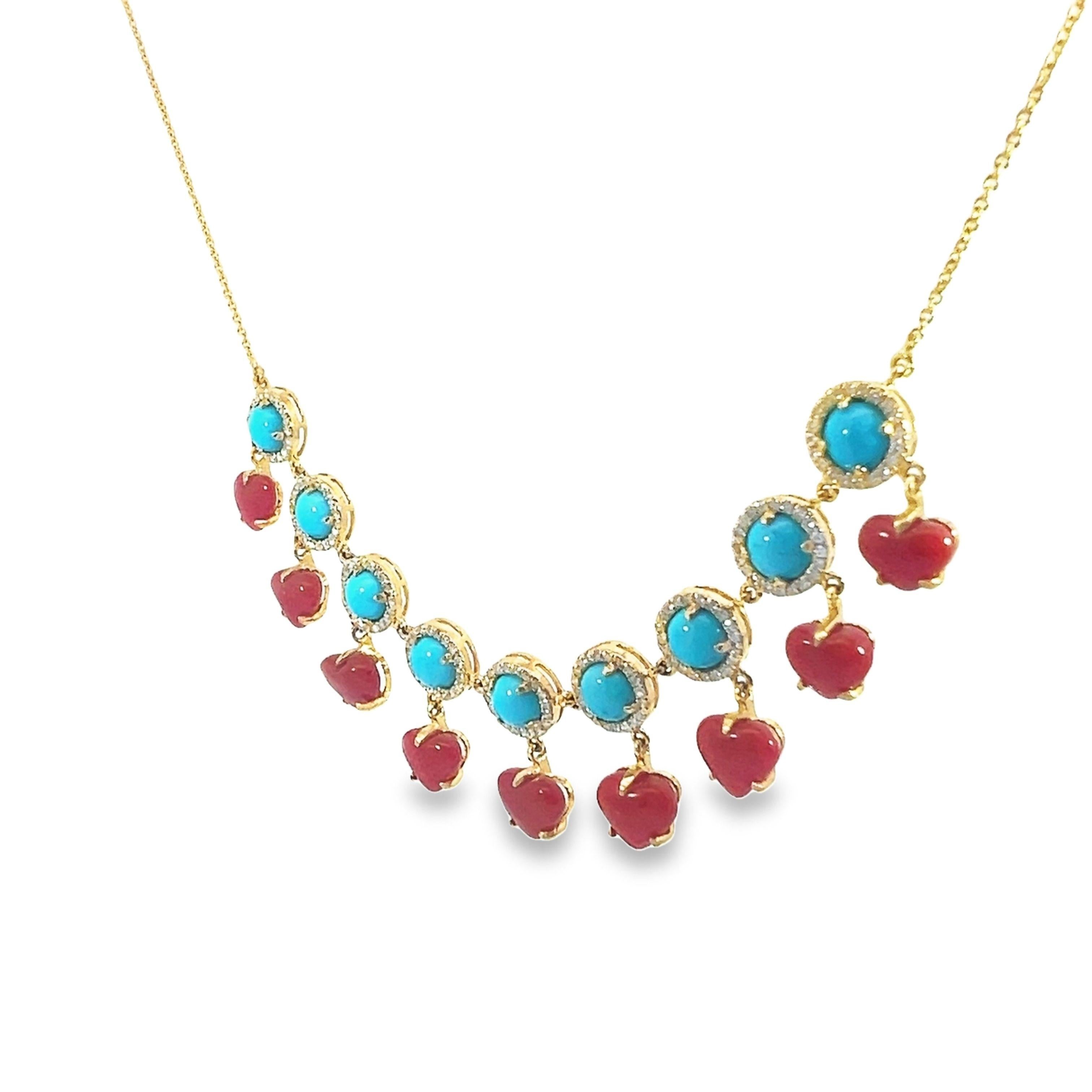 Natural Coral and turquoise necklace with diamond with 18Kt gold In New Condition For Sale In New York, NY