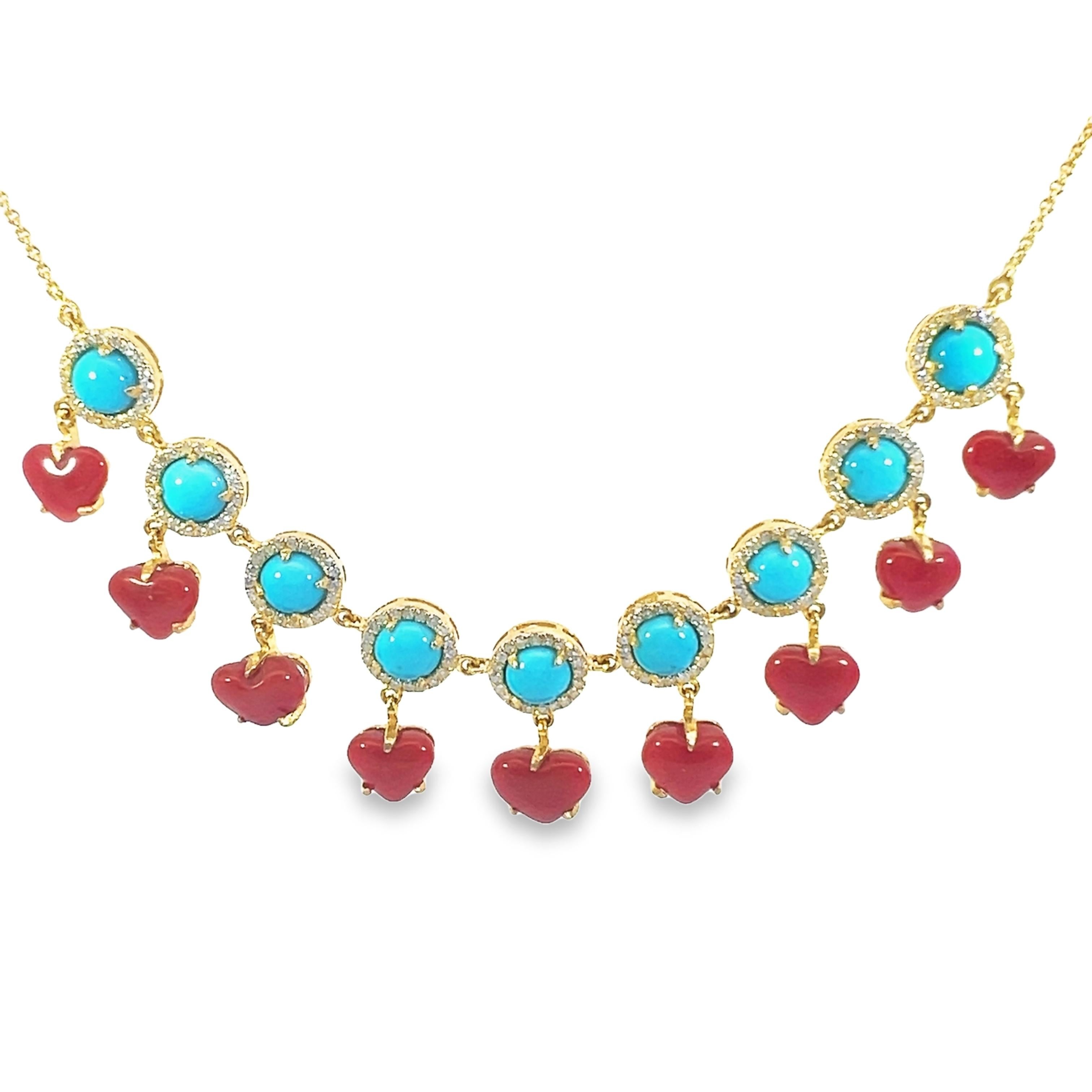 Women's Natural Coral and turquoise necklace with diamond with 18Kt gold For Sale