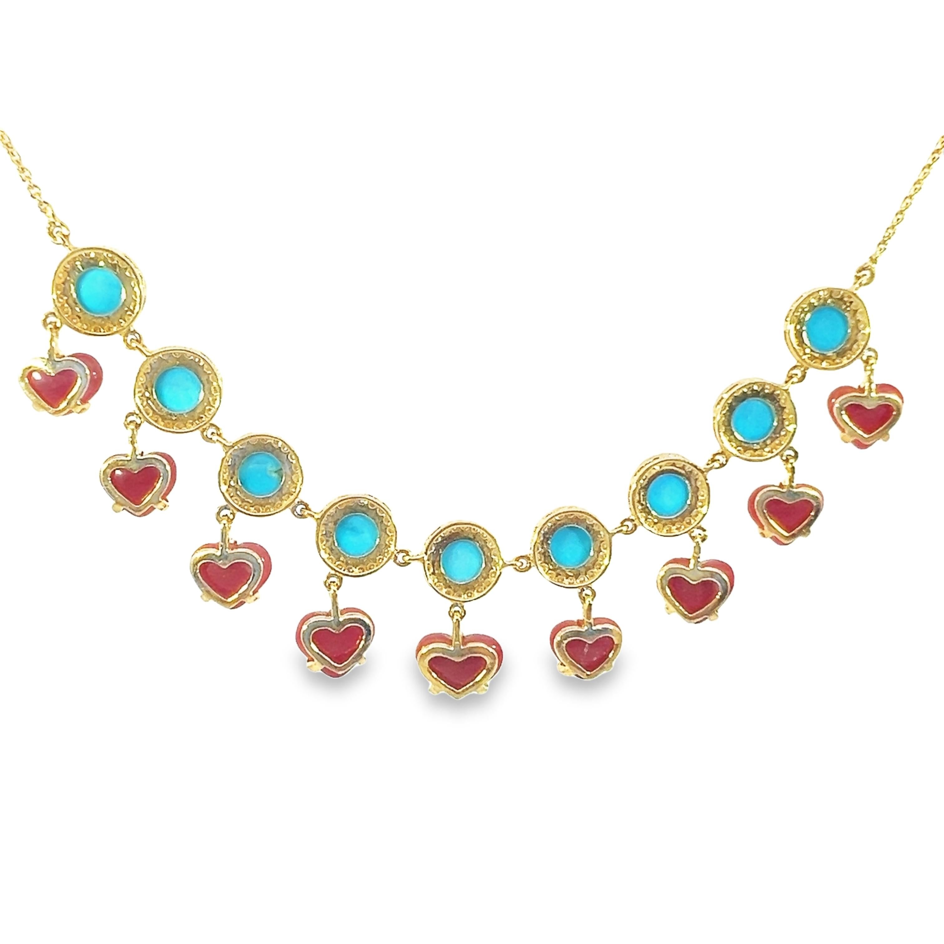 Natural Coral and turquoise necklace with diamond with 18Kt gold For Sale 1