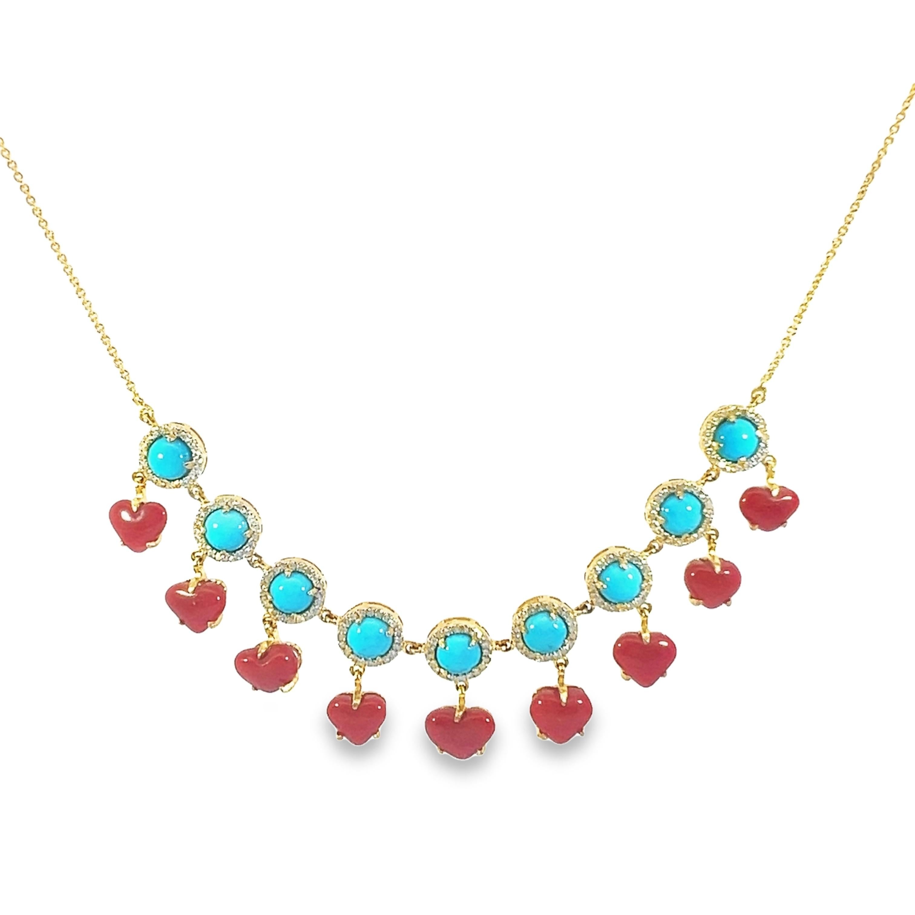 Natural Coral and turquoise necklace with diamond with 18Kt gold For Sale 2