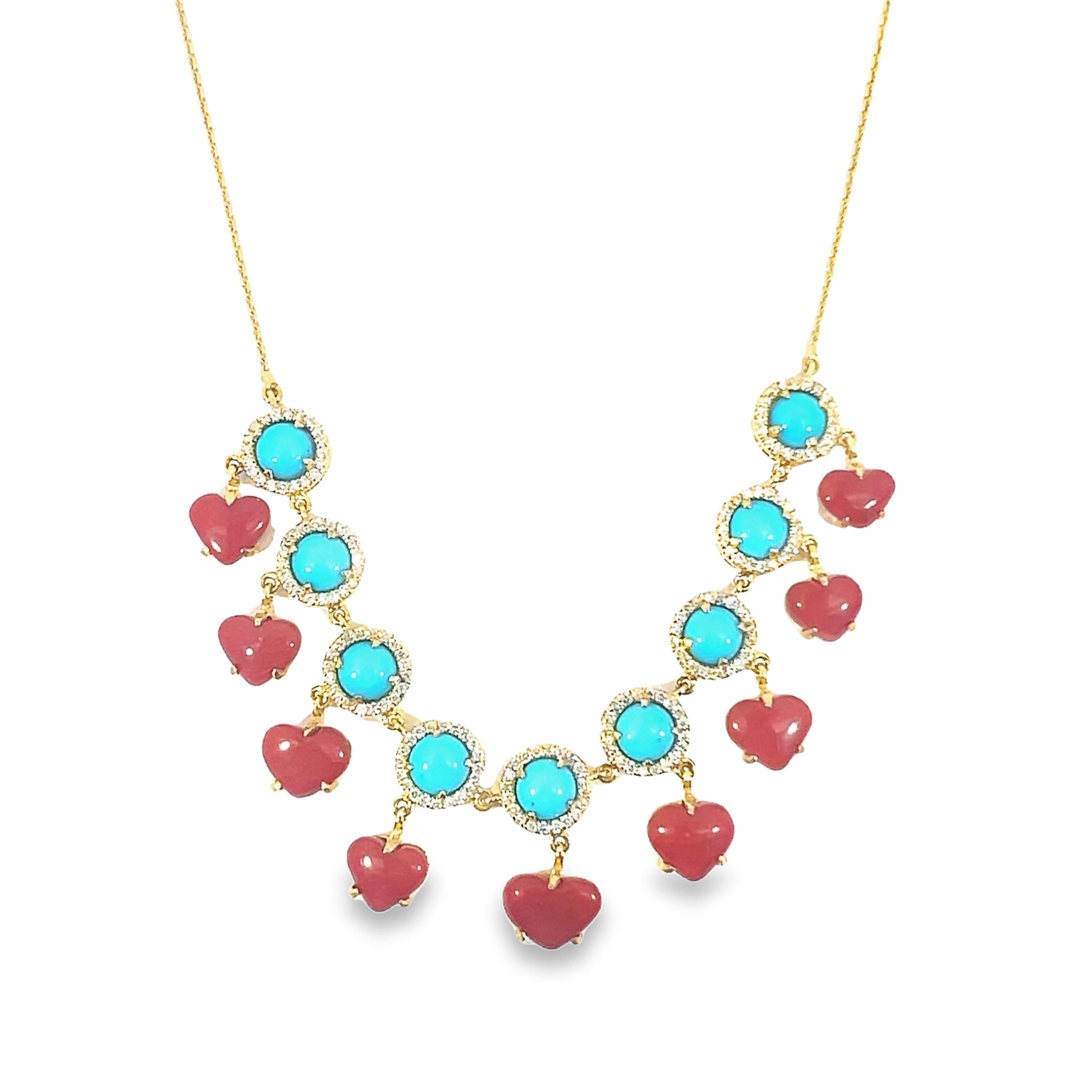 Natural Coral and turquoise necklace with diamond with 18Kt gold For Sale 3