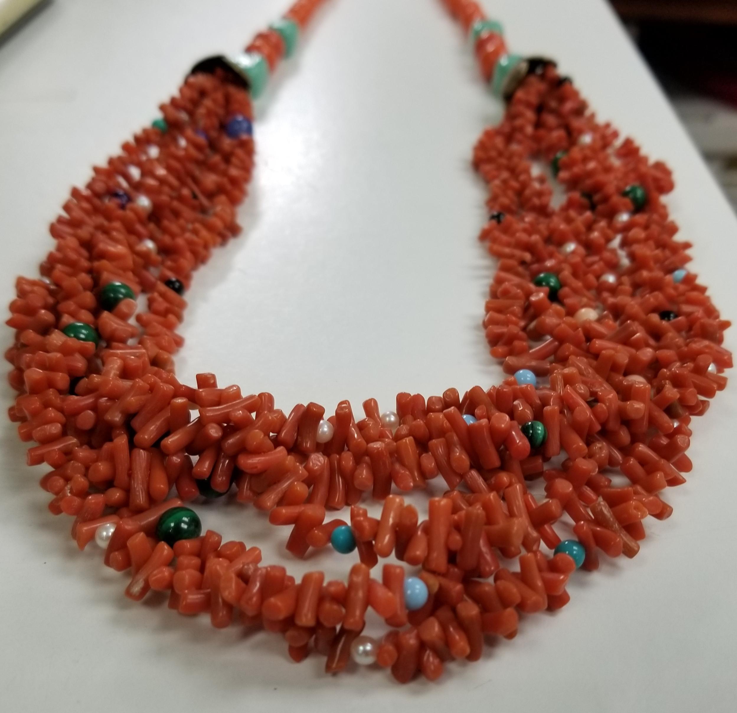 Artisan Natural Coral Beads and Sticks with Turquoise and Semi-Precious Stones For Sale