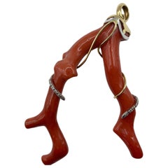 Natural Coral Branch, 18 Kt Gold and Brilliant Cut Diamonds