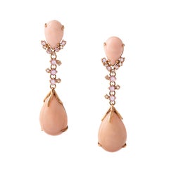 Natural Coral Cabochon Sapphire Diamond Gold 18K Earrings
