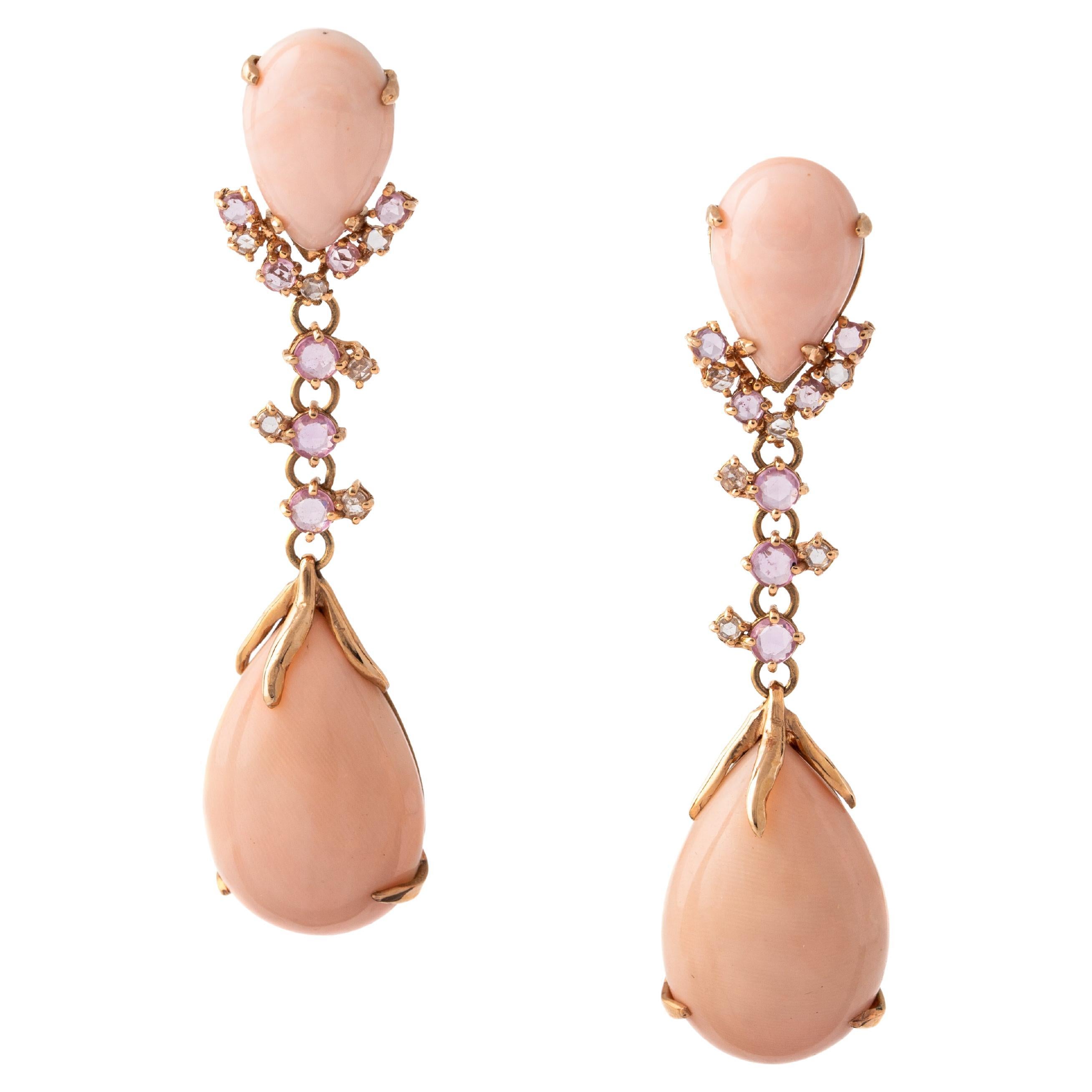Natürliche Koralle Cabochon Saphir Diamant Gold 18K Ohrringe