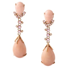 Natural Coral Cabochon Sapphire Diamond Gold 18K Earrings