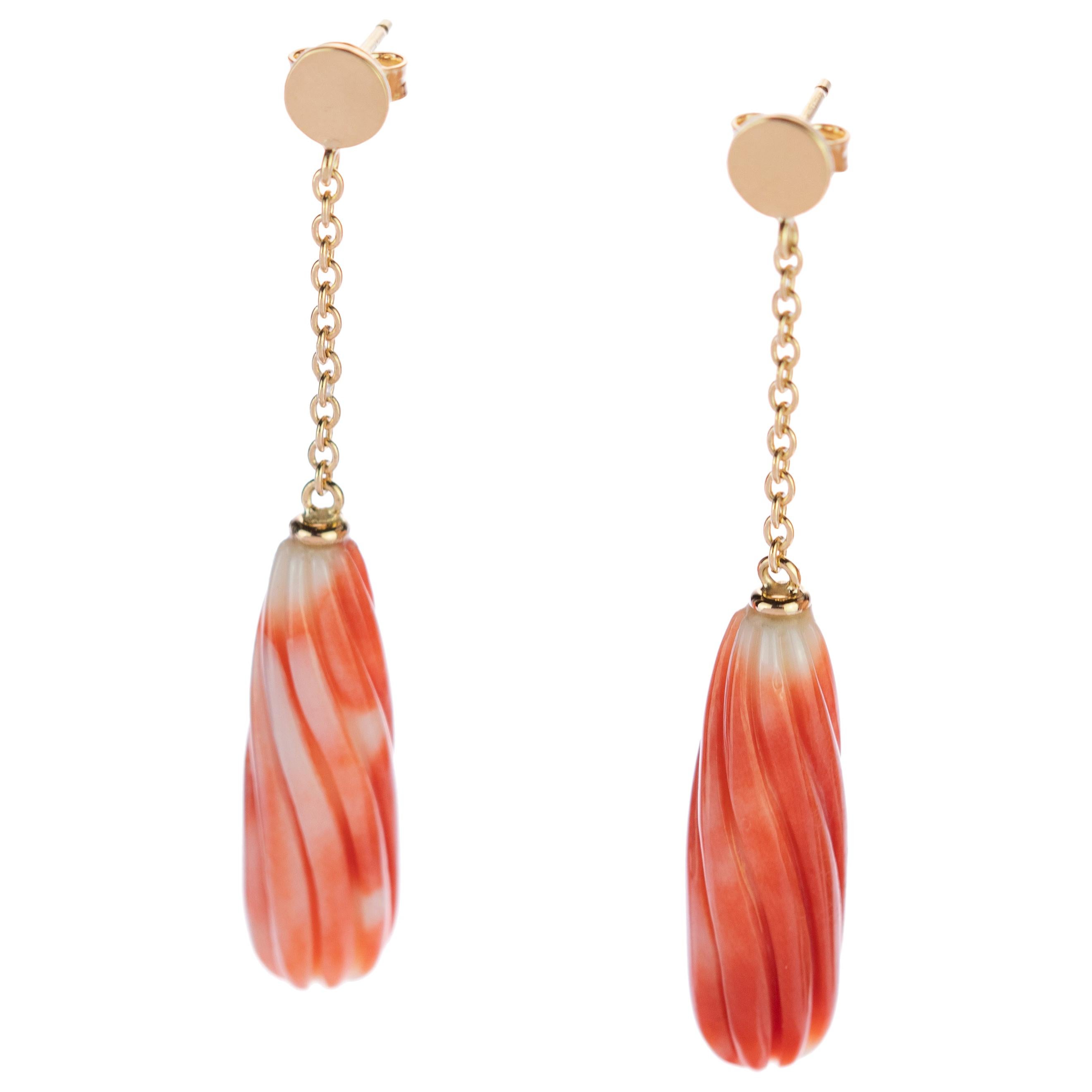 Intini Jewels Natural Coral Carved Tear 18 Karat Gold Chain Long Bold Earrings For Sale
