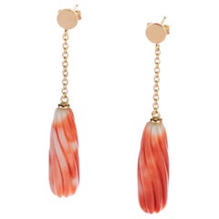 Intini Jewels Natural Coral Carved Tear 18 Karat Gold Chain Long Bold Earrings