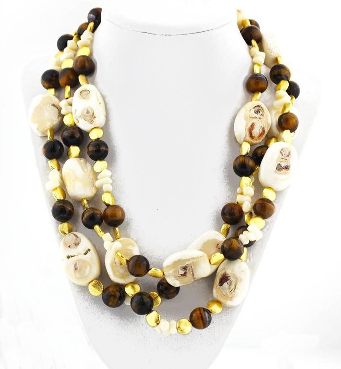 AJD Double Strand Impressive Natural Coral & Chocolate Tiger Eye Necklace In New Condition In Raleigh, NC