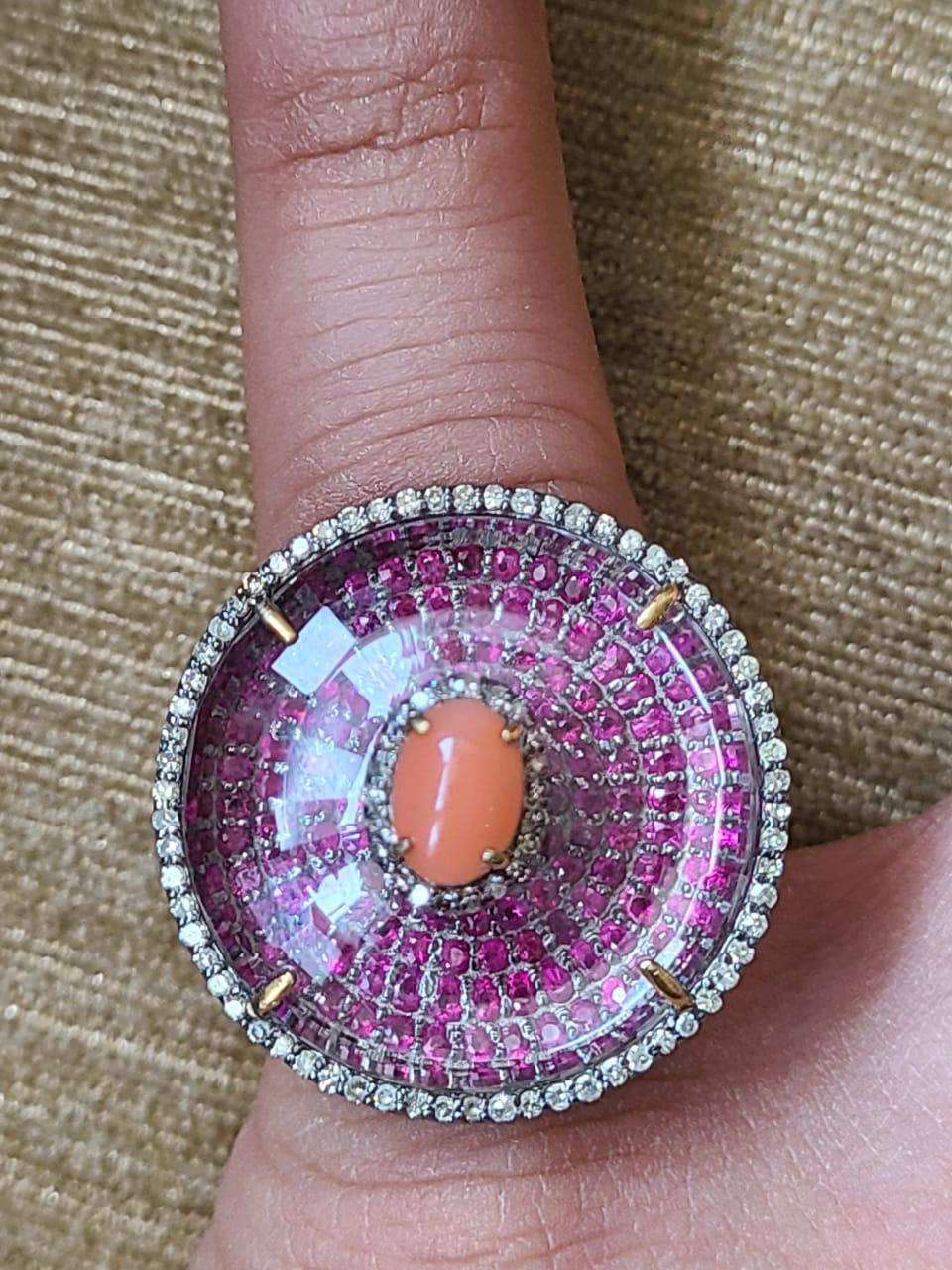 Cabochon Natural Coral, Crystal, Ruby & Diamonds Victorian/ Art Deco Style Cocktail Ring For Sale