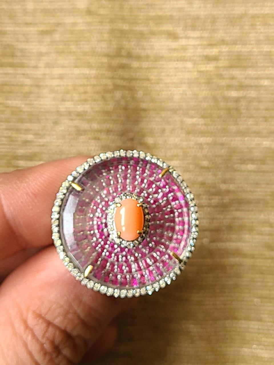 Natural Coral, Crystal, Ruby & Diamonds Victorian/ Art Deco Style Cocktail Ring In New Condition For Sale In Hong Kong, HK