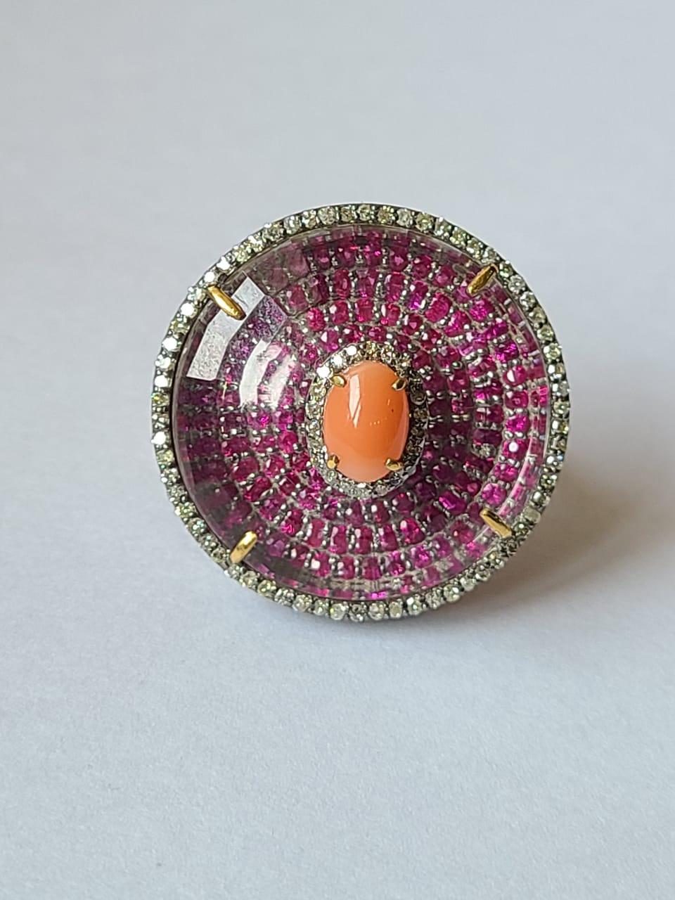 Natural Coral, Crystal, Ruby & Diamonds Victorian/ Art Deco Style Cocktail Ring For Sale 1