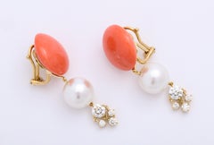 Natural Coral Cultured Pearl and Diamond 18K Gold Clip-On Earrings by Donna Vock