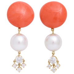 Natural Coral Cultured Pearl and Diamond 18K Gold Clip-On Earrings by Donna Vock