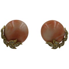 Natural Coral Diamond 18 Karat Gold Earrings Art Deco Hollywood Regency