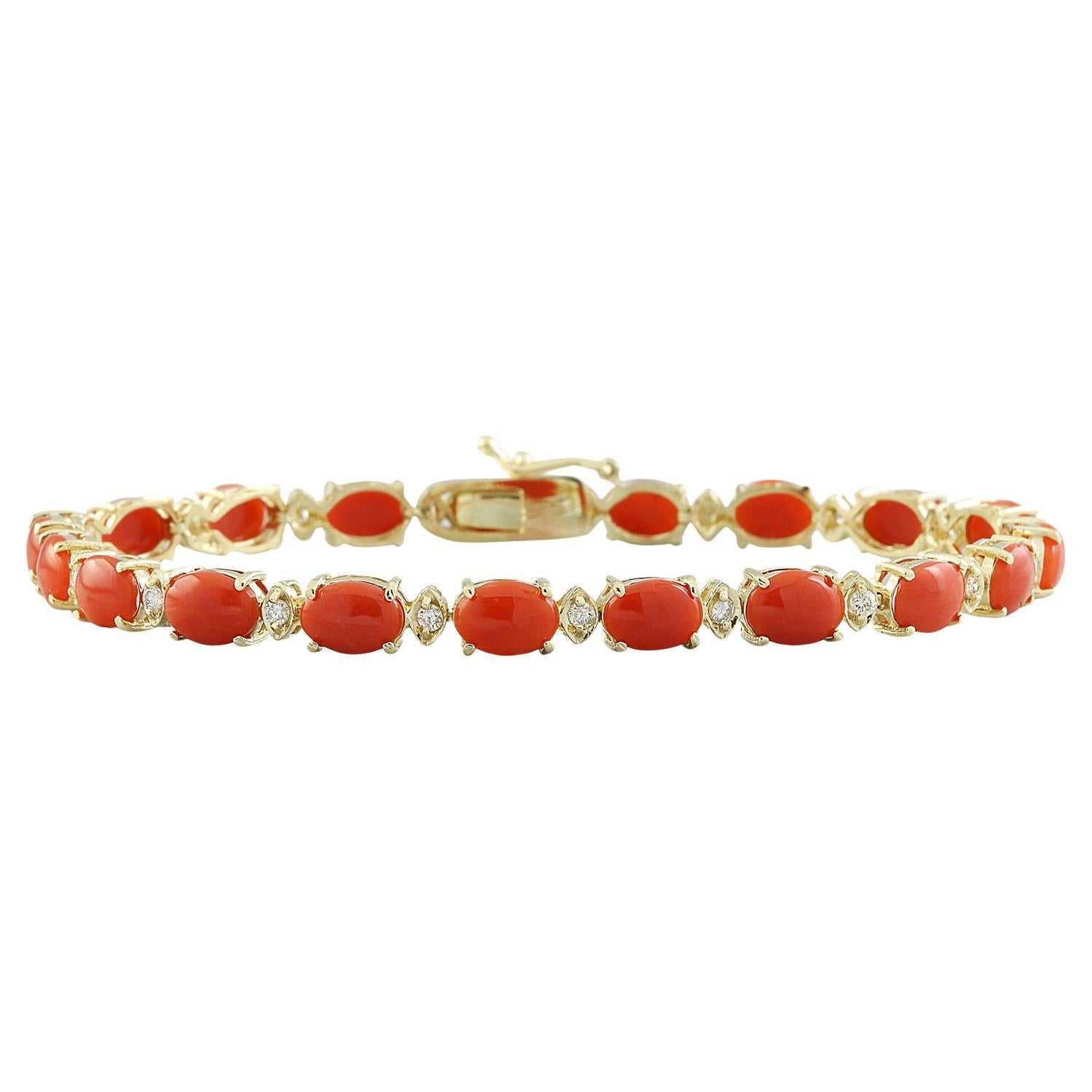 Natural Coral Diamond Bracelet In 14 Karat Yellow Gold For Sale