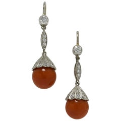Natural Coral Diamond Platinum Gold Drop Dangle Earrings Lever Backs Art Deco