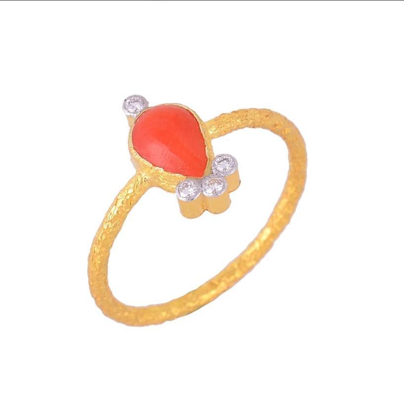 Asscher Cut Natural Coral & Diamond Ring 14K gold For Sale