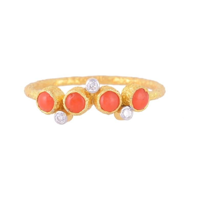 Natural Coral & Diamond Ring 14K Gold For Sale 1