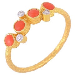 Natural Coral & Diamond Ring 14K Gold