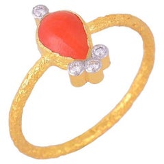 Natural Coral & Diamond Ring 14K gold