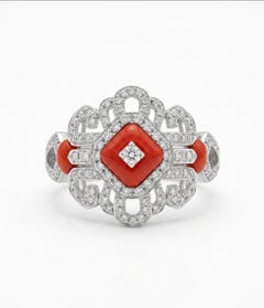 Natural Coral & Diamond Ring 18k Gold