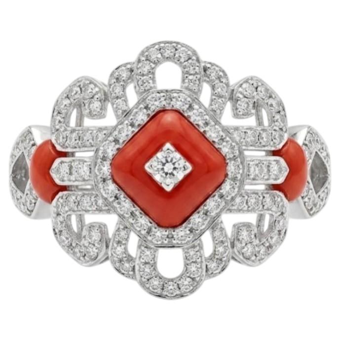 Anillo de coral natural y diamantes en oro de 18 quilates