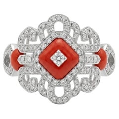 Natural Coral & Diamond Ring 18k Gold
