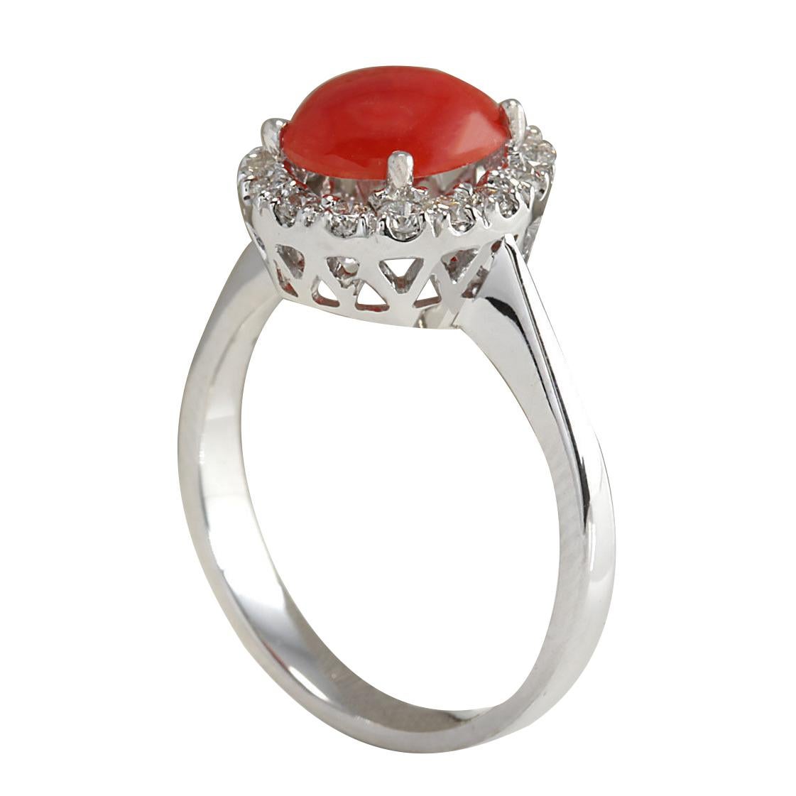 Oval Cut Natural Coral Diamond Ring In 14 Karat White Gold  For Sale